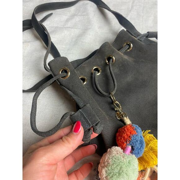 ANTHROPOLOGIE Wolf Gang Gray Leather Bucket Bag Drawstring Crossbody Bag - Picture 5 of 14